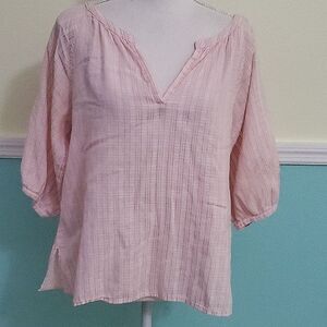 Talbots Boho Beachy Pink Stripes Split Neck 3/4 Balloon Sleeves Flowy Top M